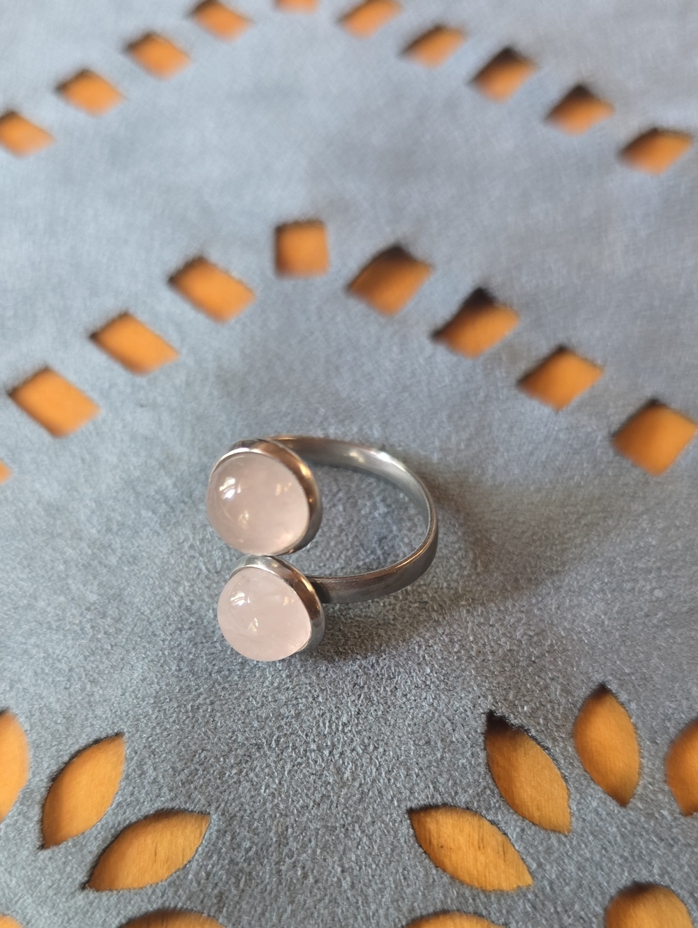 Silver Double Rose Quartz Cabochon Ring - Adjustable